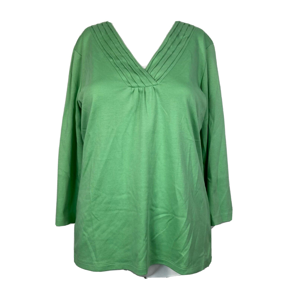 LL Bean Shirt Womens Sz Small Green Knit Cotton Pintuck V-Neck Long Sleeve
